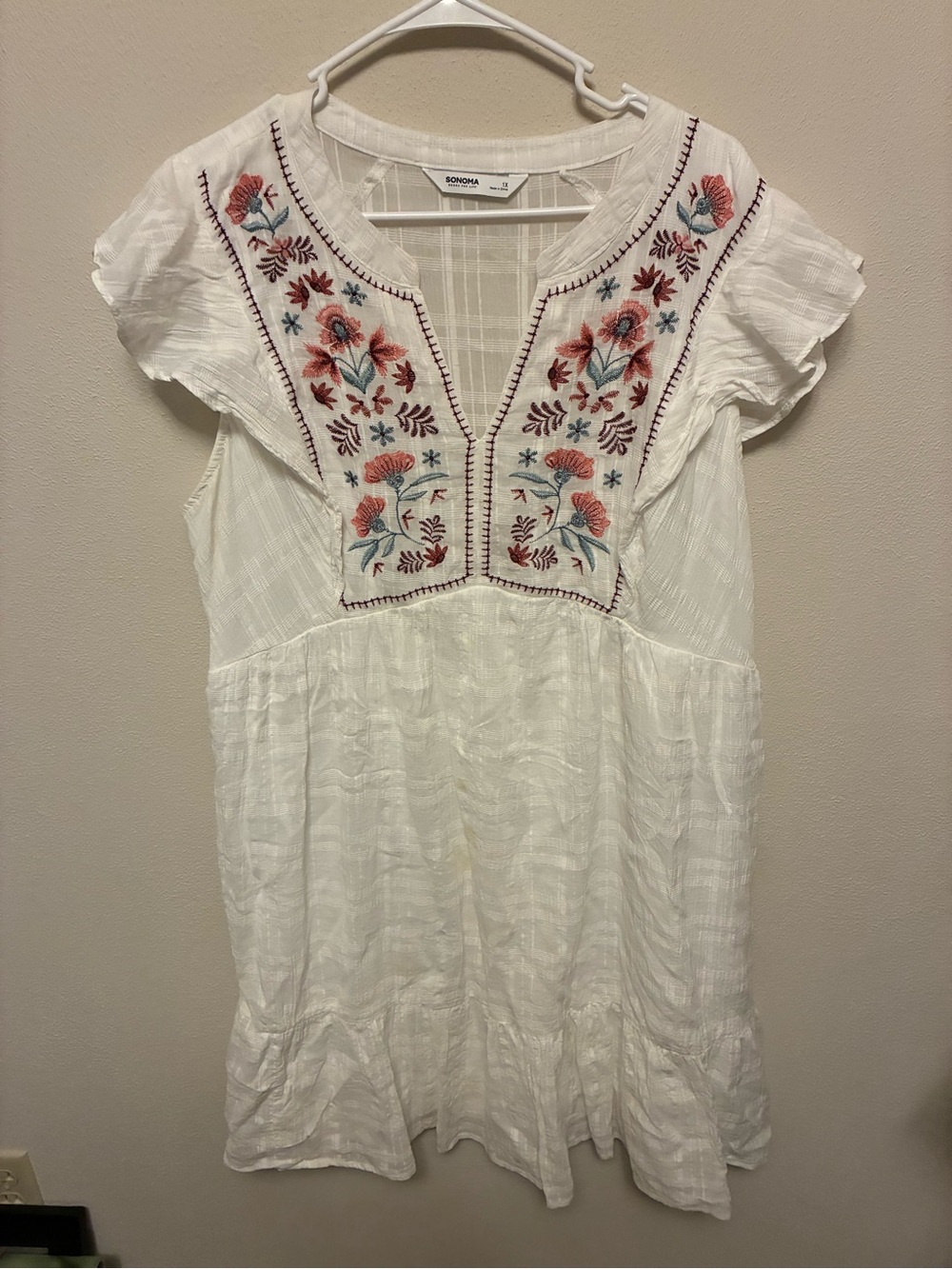 Sonoma White Cotton Embroidered V-Neck Tunic